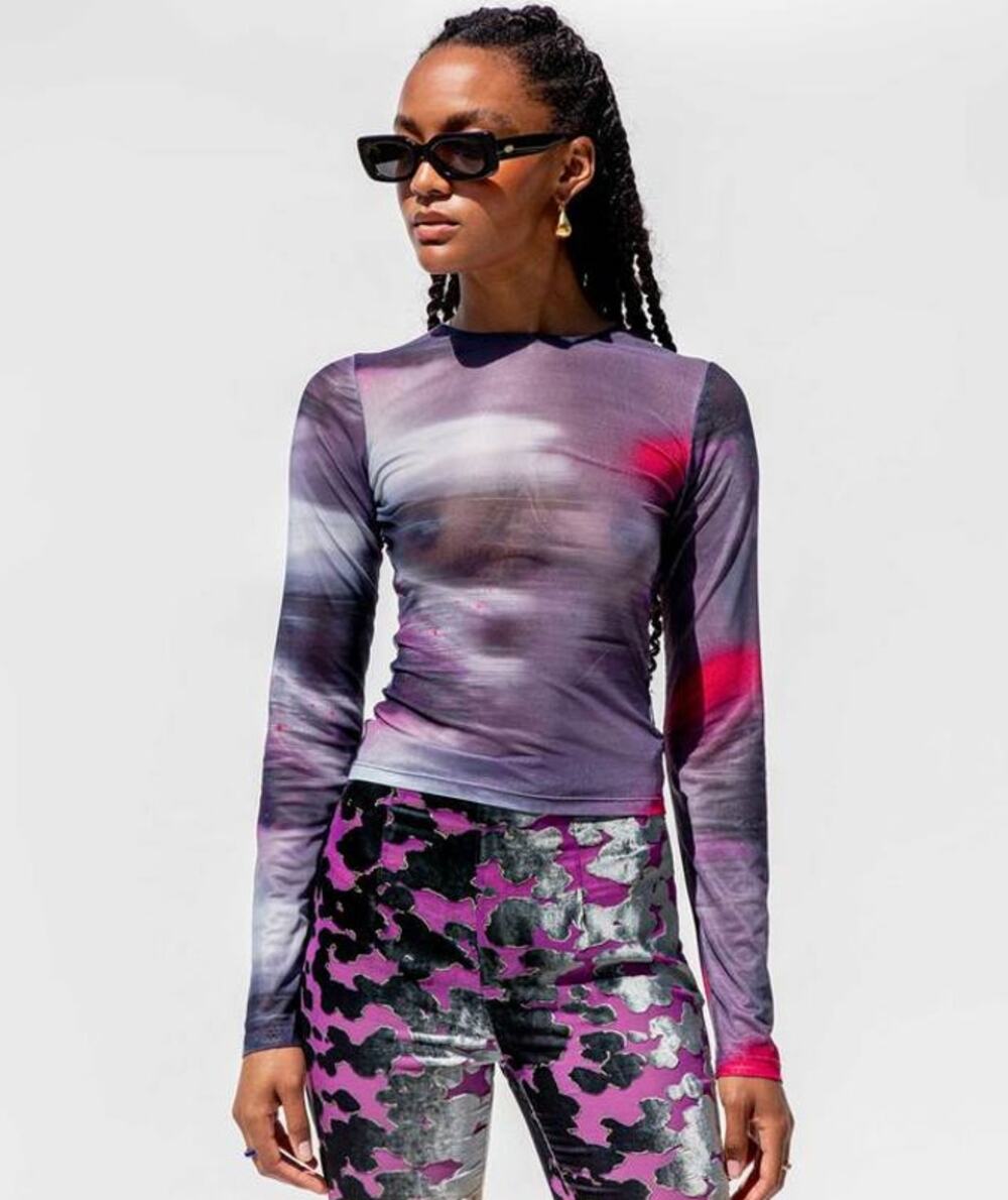 MIAOU Sheer Mesh Crewneck Long Sleeve Tee in Motion Pink, size S
